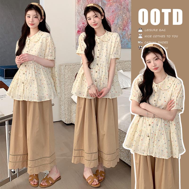 Summer Polka Dot Doll Collar Shirt & Petal Hollow Maternity Pants Set M