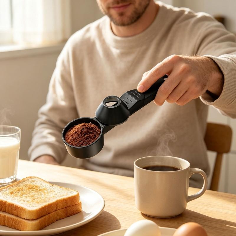 Integrated Coffee Funnel Spoon for Cleaner Powder Filling In Home Brewing, Kitchen Use, and Daily Drink Mixing