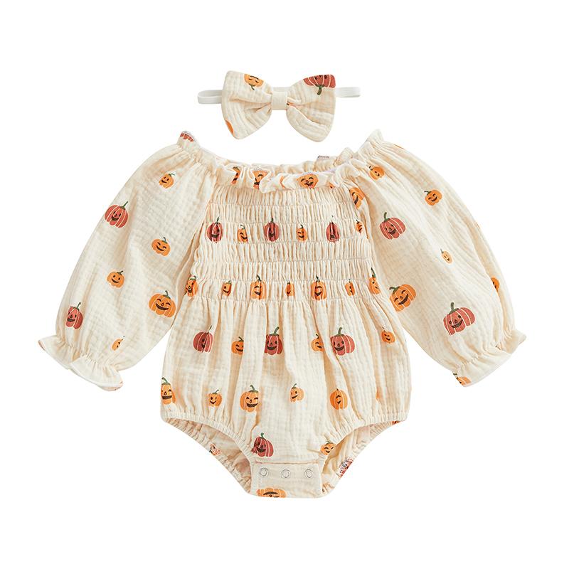 

Baby Girls Jumpsuit Outfit Cartoon Pumpkin Print Ruched Off Shoulder Long Sleeve Romper + Bow Headband 70 бежевый