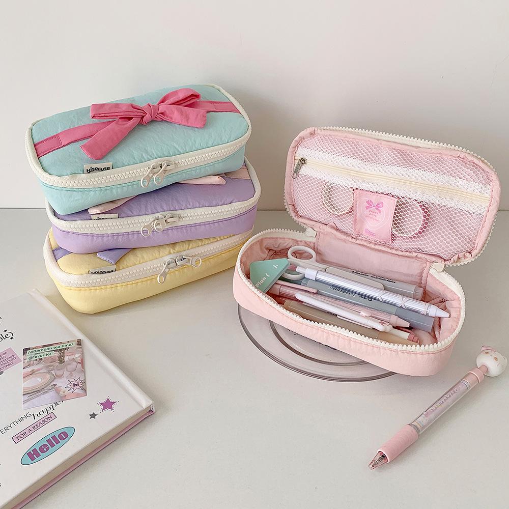 ins Soft Fabric Pencil Bag Student Simple Bow Storage Bag Stationery Bag Desktop Storage Bag