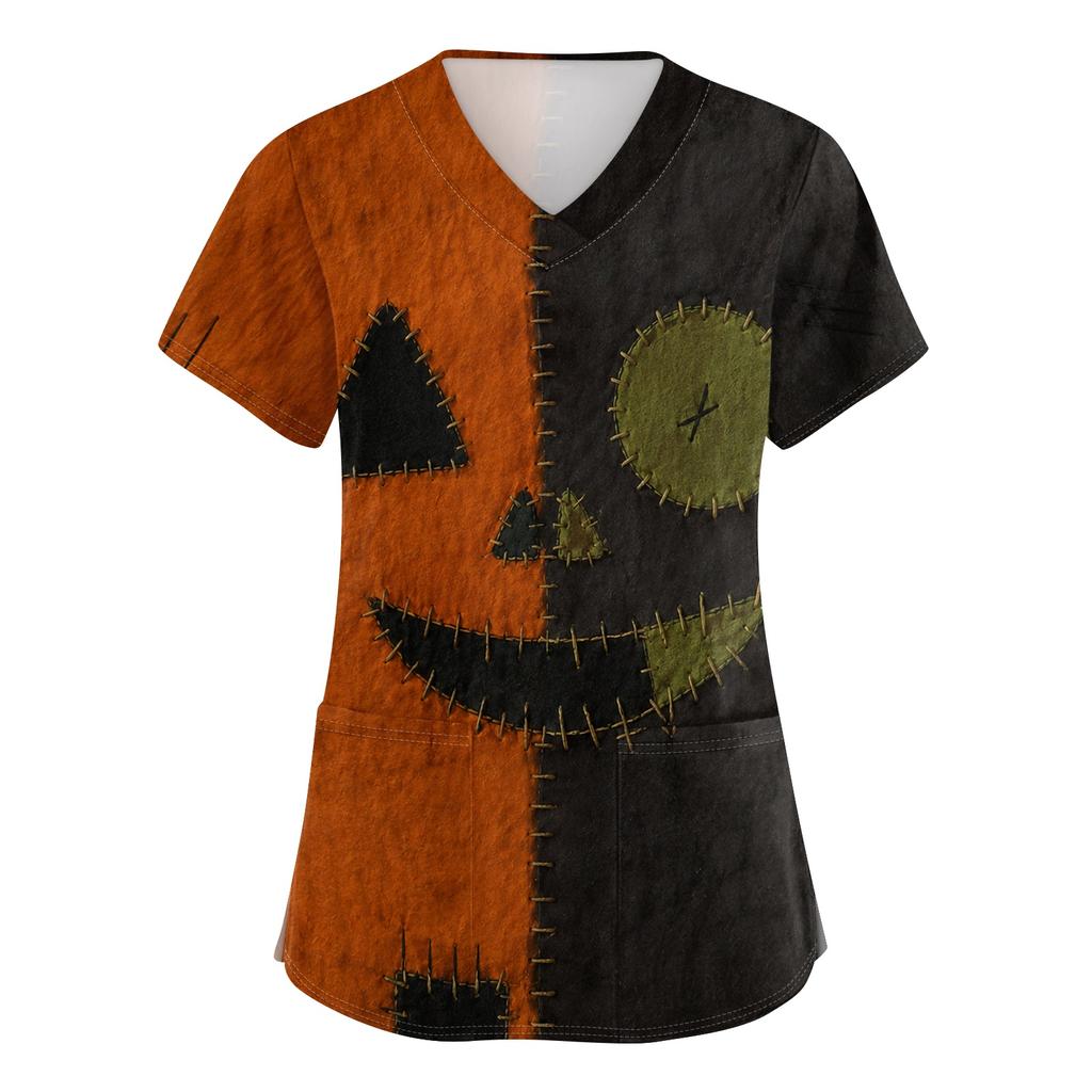Women V Neck Halloween Print Short Sleeve Medical Scrub Top with Pocket Side Slit Workwear Uniform Shirt for Healthcare Professionals