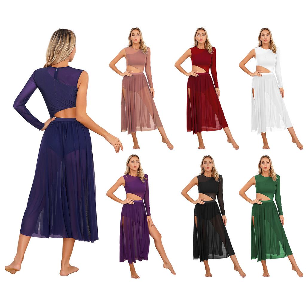 Damen Modernes Lyrisches Tanzkostüm Aussparung Patchwork Rundhals Seitenschlitz Durchsichtiges Mesh-Kleid