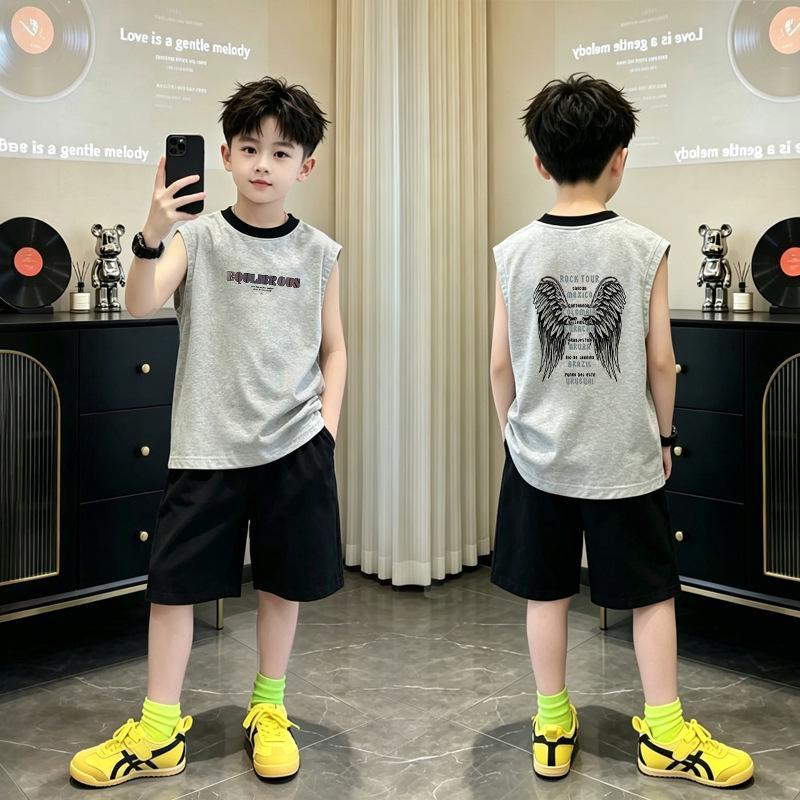 Boys' Korean Style Cotton Color Block Sleeveless Vest Set - Summer 2026 New Arrivals, Medium & Large, Round Neck Trendy Top