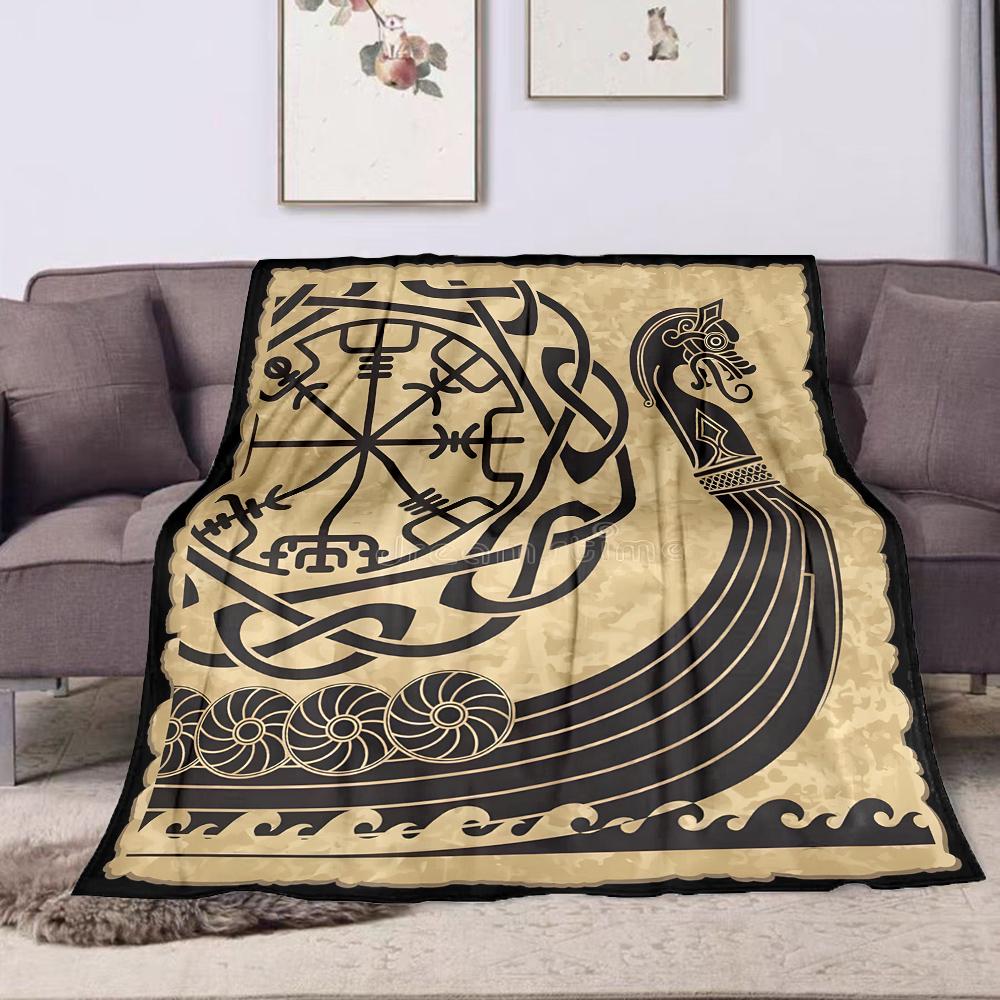 Viking Ship and Norse Symbol Design Patterned Flannel Blanket Perfect for the Bedroom Living Room, Sofa, or a Little Nap