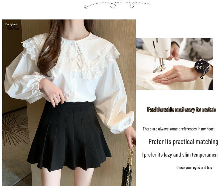 Korean Style Doll Collar Lace Trim Long Sleeve Shirt for Spring & Autumn