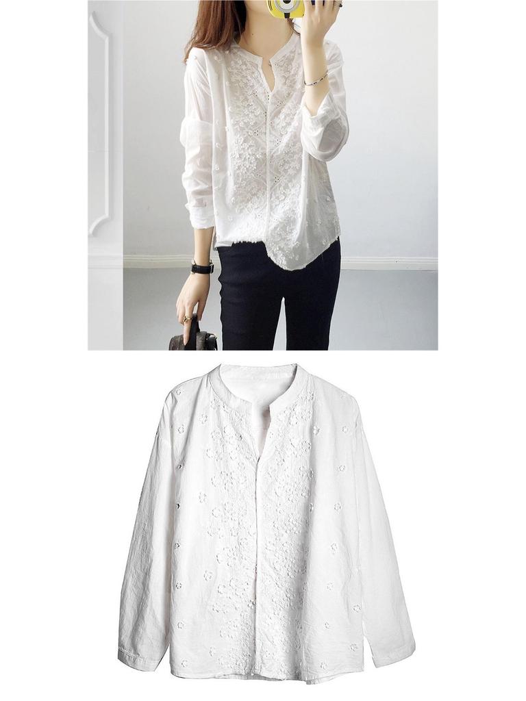 2026 Women's White V-Neck Embroidery Jacquard Lace Puff Sleeve Shirt