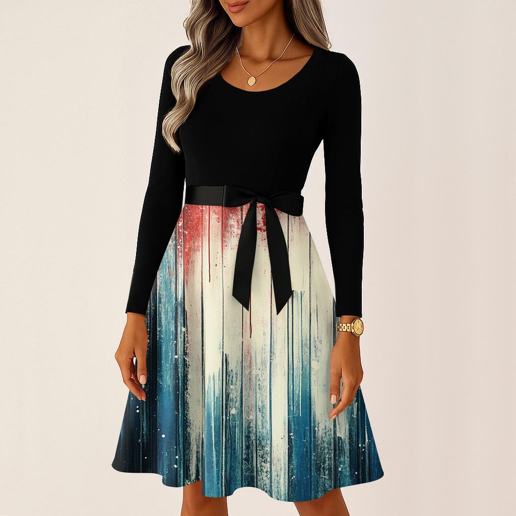 Ladies' Casual And Fashionable Round Neck Long Sleeved Retro Independent Day Print Retro Dress