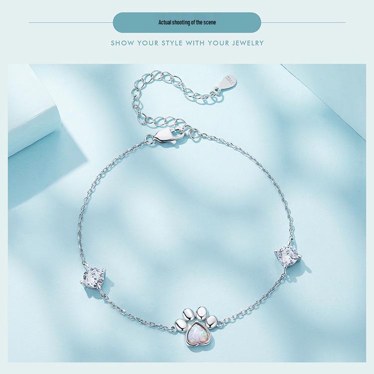 Yin Ziyun Exquisite Opal S925 Silver Cat Paw Print Bracelet - Niche Luxury Jewelry Gift
