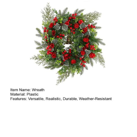 Christmas Wreath with Golden Bell Front Door Garland Waterproof Red Rose Petals Pine Cones Festive Holiday Decoration