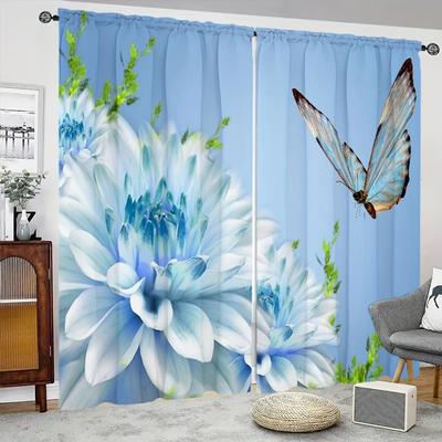 2pcs Blue Background Floral Butterfly Print Curtains Polyester Material For Living Room Bedroom Study Multi-scene Home Decor