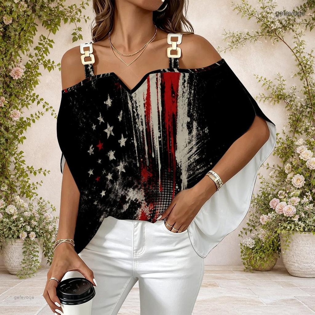Women Plus Size Cold Shoulder Top American Flag Print V Neck Short Sleeve Casual Blouse
