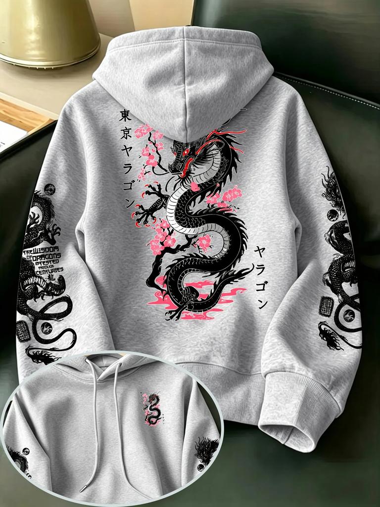 Men's Japanese Style Hoodie Tokyo Dragon Cherry Blossom Graphic Print Sweatshirt Oversized Asian Streetwear Autumn Winter Tops