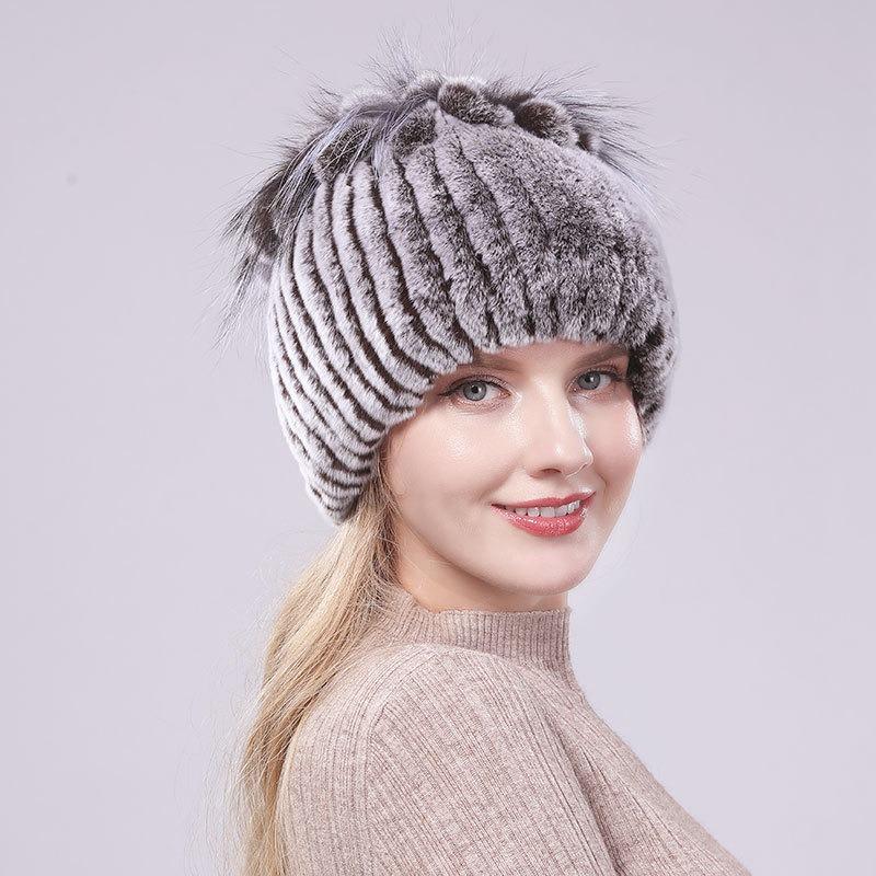 New Rex Rabbit Hair Hat Women's Winter Thickened Warm Fashion Versatile Elastic Fur Woven Hand-sewn Knitted Hat