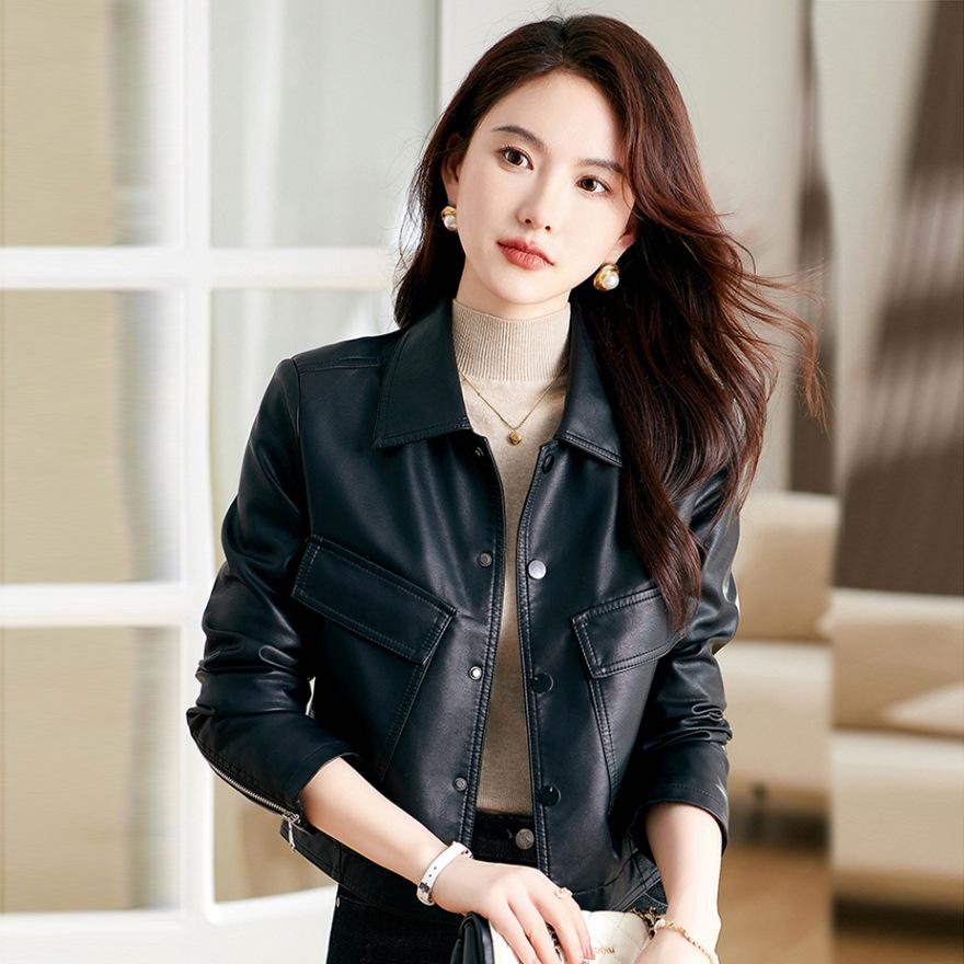 Leather Jacket Women's Small Coat Spring and Autumn New Fashion Thin Lapel Short Leather Jacket Top