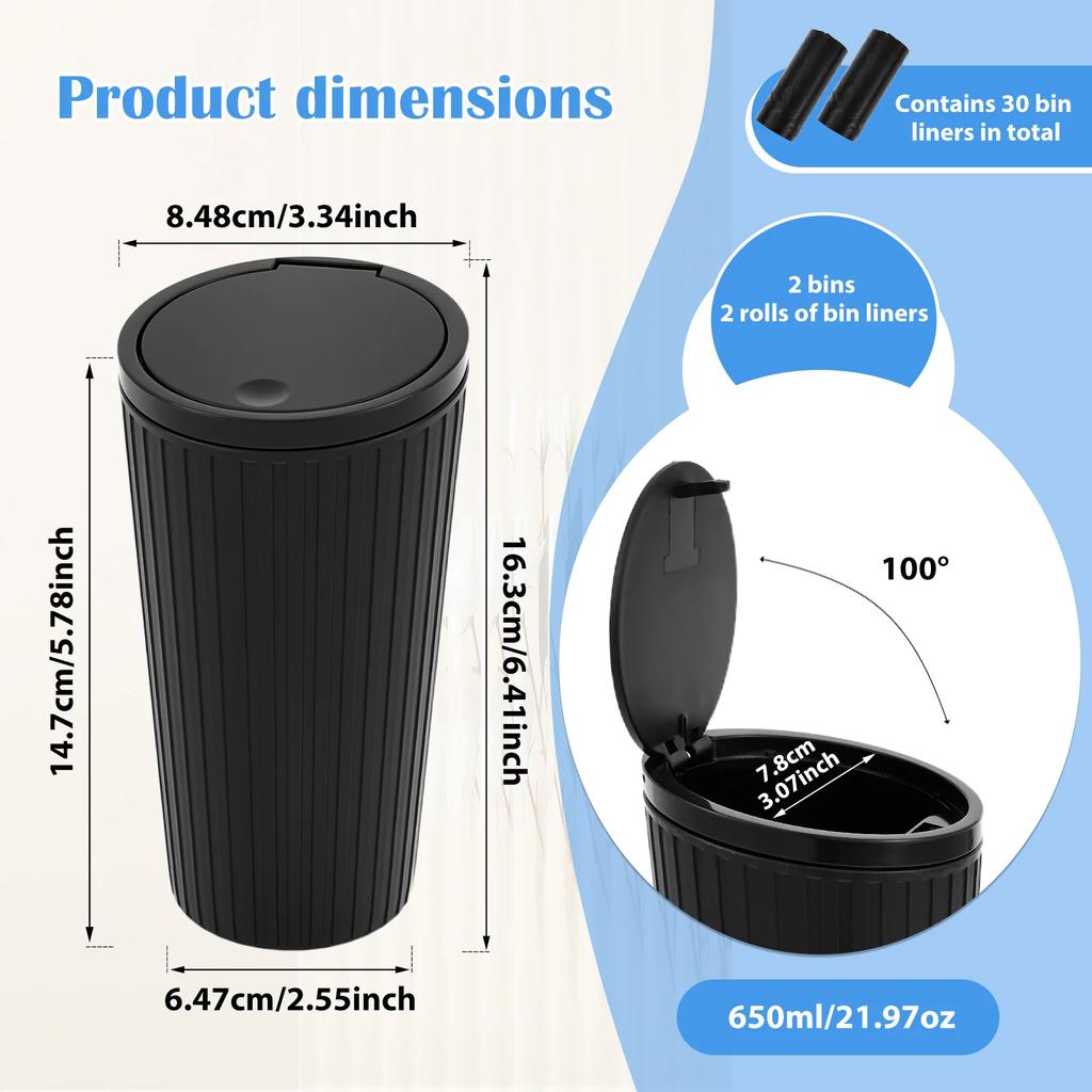 2Pcs 650ml Car Trash Can Plastic Cup Holder Dustbin with Lid Leak Proof Vehicle Garbage Bin for Car Door Pocket Seat Back Pocket