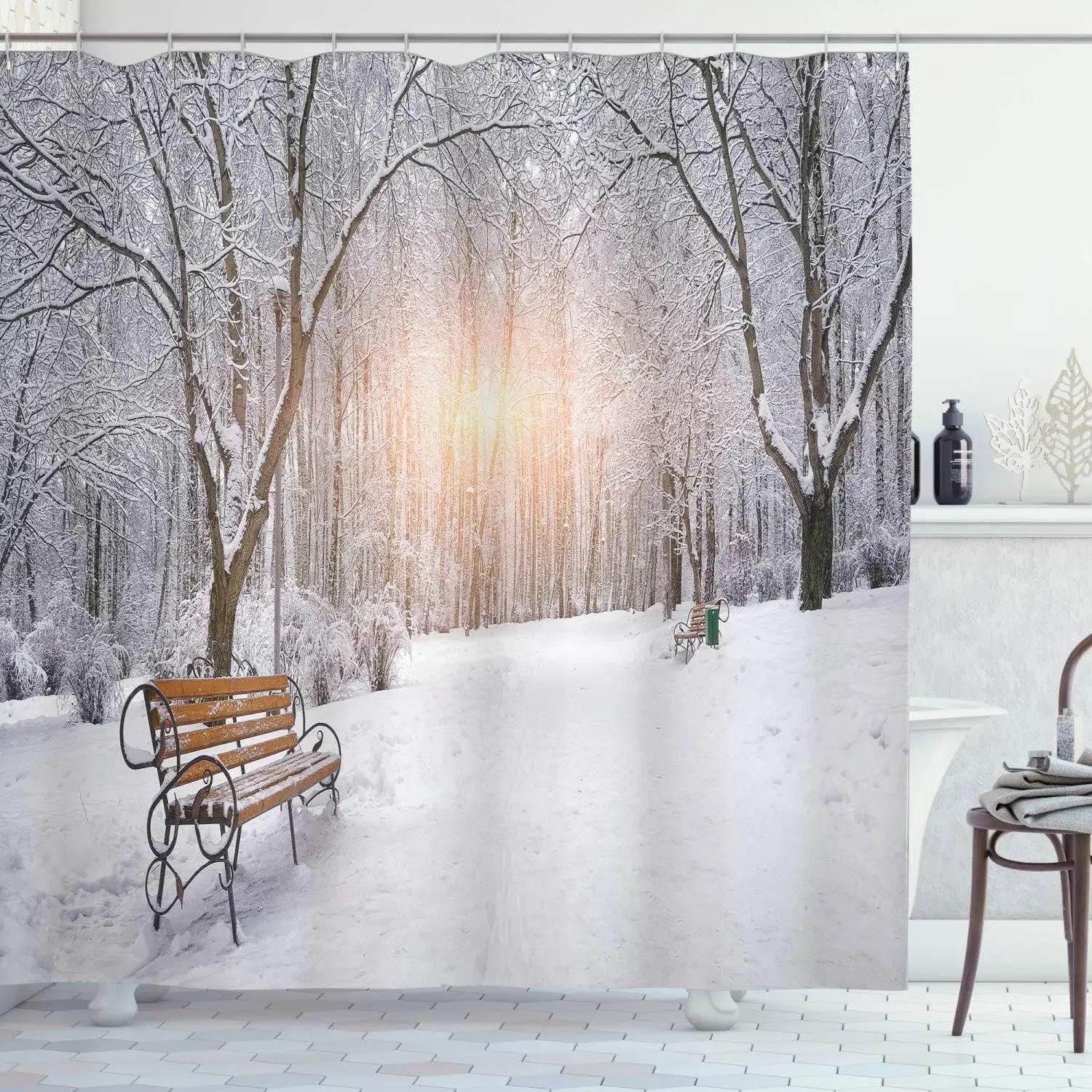 

Winter Forest Shower Curtains Snow-covered Pine Alpine Peaks Idyllic Early Morning Scenery Seasonal Christmas Elk Bathroom Decor 90x180cm-35x70in