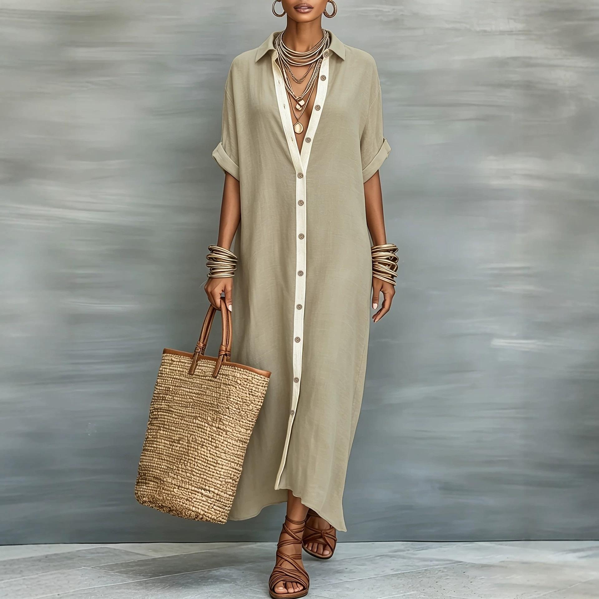 French lazy style linen shirt skirt loose and thin button cardigan style long casual vacation style dress women S