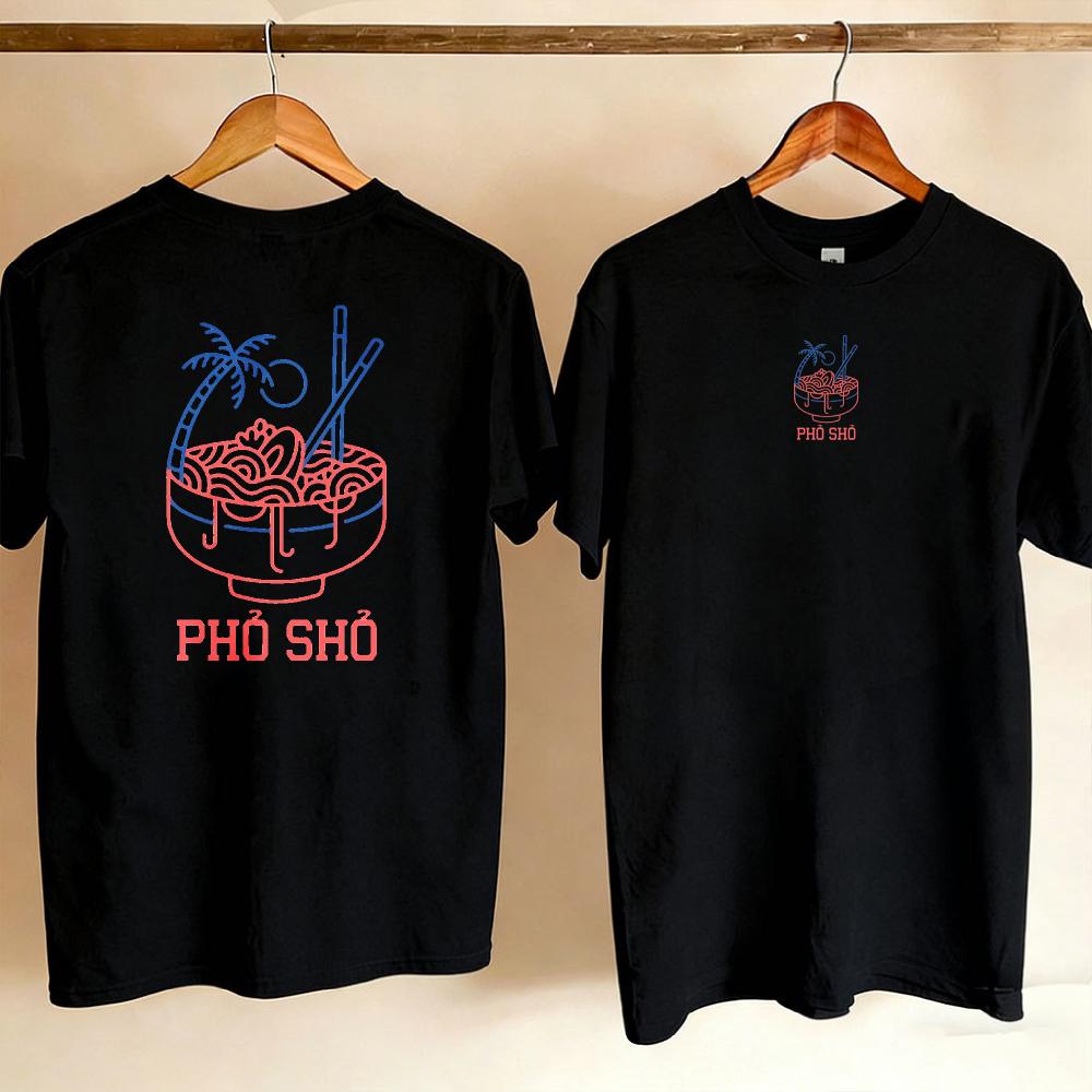 Unisex Women Cotton Crew Neck T Shirt Pho Sho Front Back Double Side Print Palm Tree Vietnamese Noodle Bowl Graphic Casual Foodie