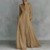 Women's Stand Collar Long Sleeve Solid Color High Waist Pleated A-Line Maxi Dress With Pockets