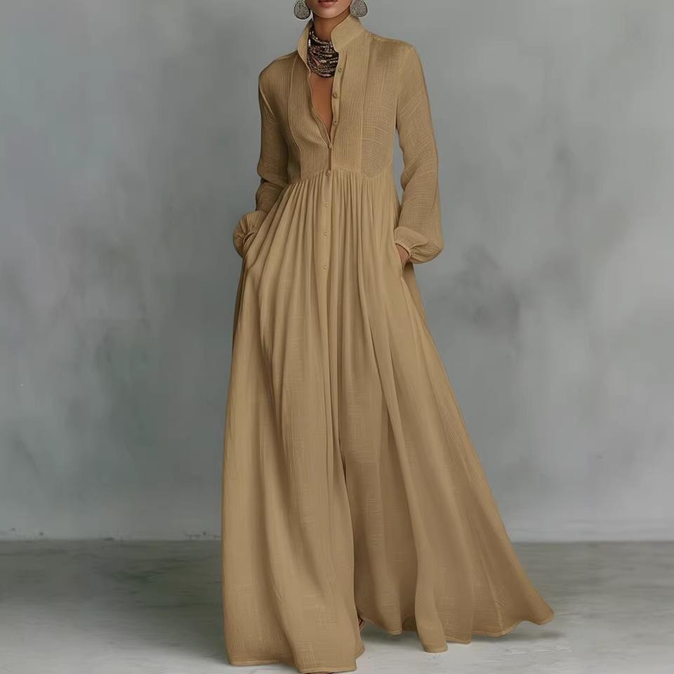 Women's Stand Collar Long Sleeve Solid Color High Waist Pleated A-Line Maxi Dress With Pockets