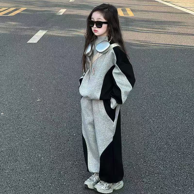 Autumn Winter Kid Girls Clothes Suit Child Patchwork Loose Sweatshirt T-shirt Top and Loose Pant Tracksuit