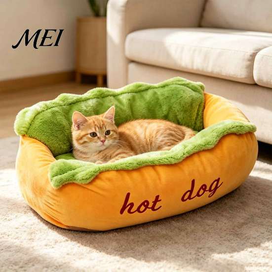 Geschenk für Tierliebhaber Hot Dog Bett, Weiche Gemütliche Plüsch Herausnehmbare Waschbare Matte, Verspieltes Tierbett Niedlicher Brötchen Katzen Hunde, Neuheit Sofa Bequem Katze