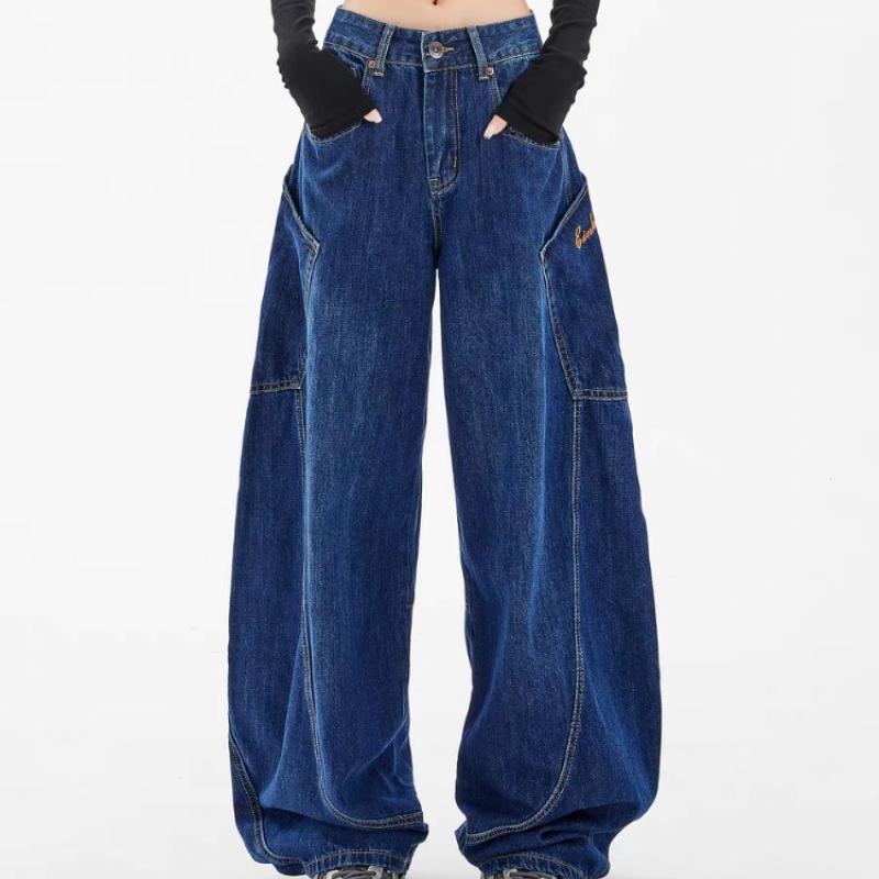 GMXIA Weitbeinige Jeans Damen Locker Hochtailliert Fallend Hundert Schleppende Hosen Taschen High Street Trend Gerade Hosen