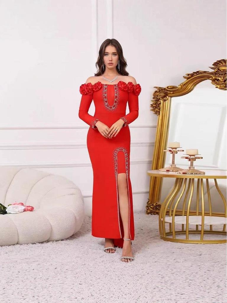 2025 Elegant Off-the-Shoulder Floral Evening Dress with Beaded Diamond Chain