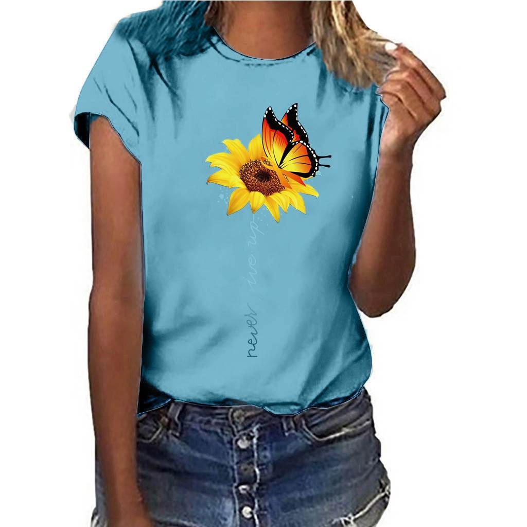 

Женская футболка большого размера с принтом подсолнуха с короткими рукавами, блузка, топы XL светло-синий