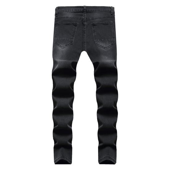 Men Jeans Ripped Holes Slim Fit Soft Breathable Button Zipper Closure Mid Waist Color Matching Hip Hop Streetwear Men Long Pants