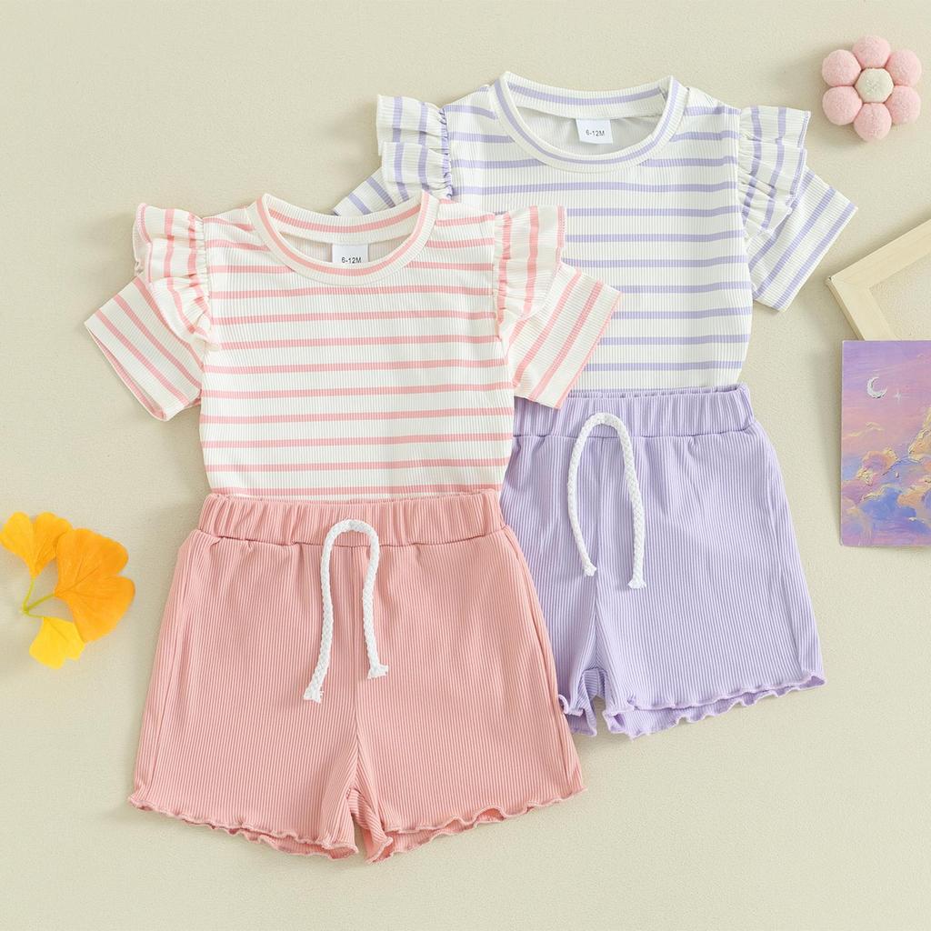Little Girl 2 Piece Summer Set 6 12 18 24 Months 3 4 Years Round Neck Short Sleeve Striped Tops + Elastic Waist Wave Hem Shorts Infant Toddler Outfits