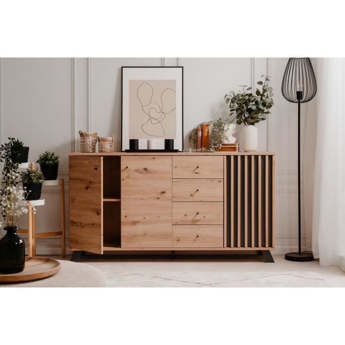 Buffet salle à manger MEDAN - Décor chêne artisan et anthracite - 3 portes + 4 tiroirs - L160 x H85 x P40 cm