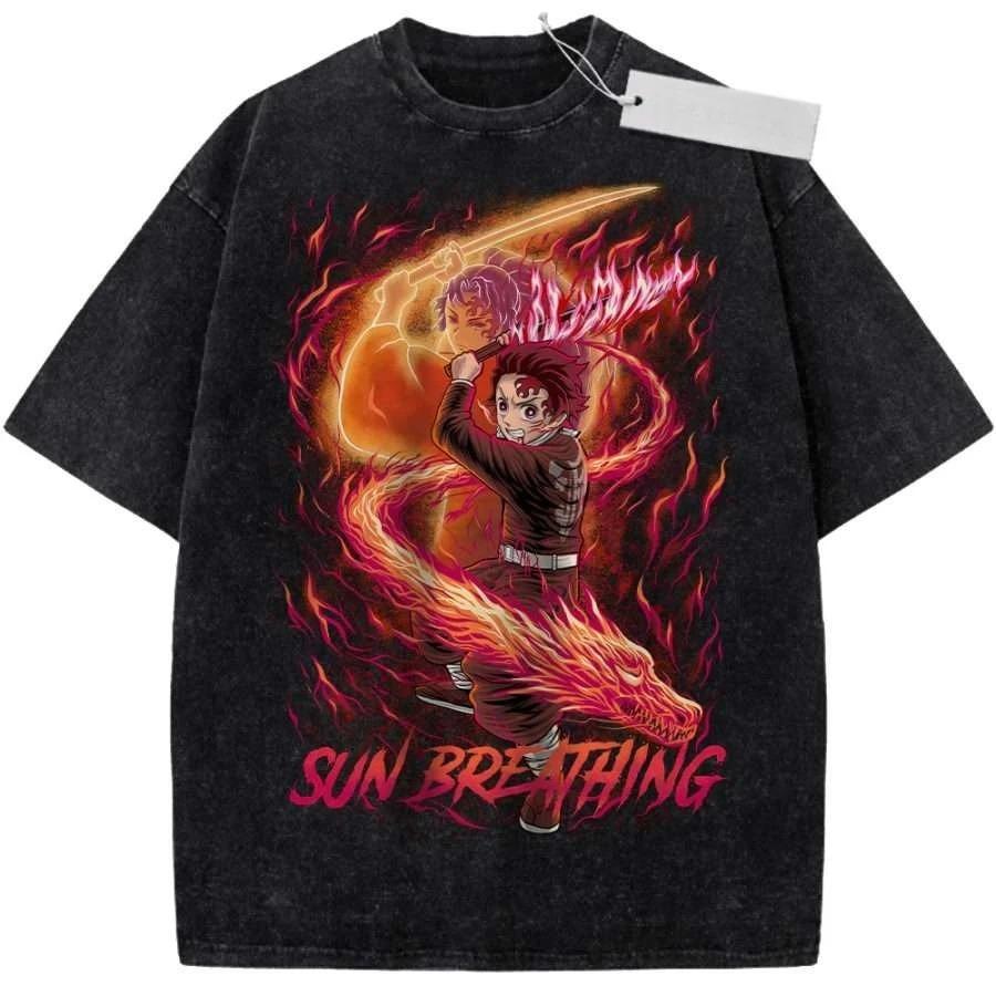 Hot Japan Anime Demon Slayer Graphic Print T-Shirt Men Women Vintage Washed Cotton Summer New Tee Streetwear Hip Hop Harajuku Fashion Oversized Top