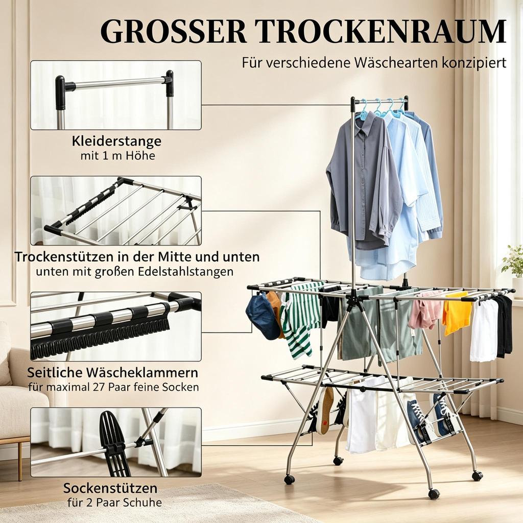 Foldable Clothes Drying Rack with Wheels, Mobile Drying Stand, Versatile Drying Rack, Generous Laundry Tower