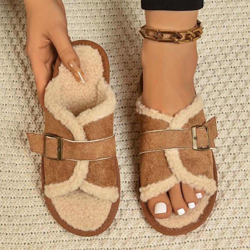 Large size new one-word slippers fleece casual flat-bottomed fluffy slippers women's warm retro cotton mop