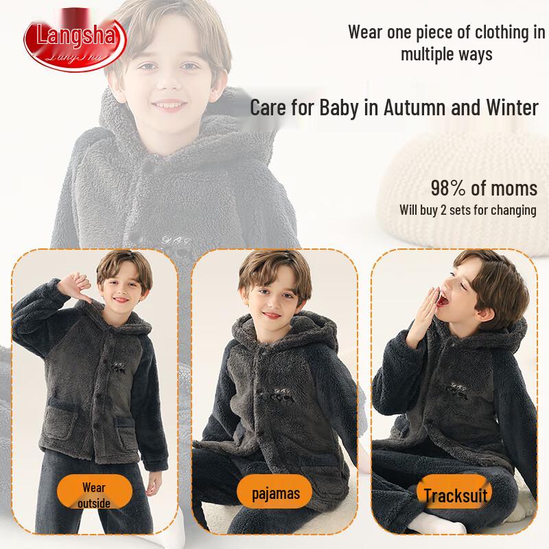 Langsha Jungen Dickes Flanell Kapuzen-Pyjama-Set