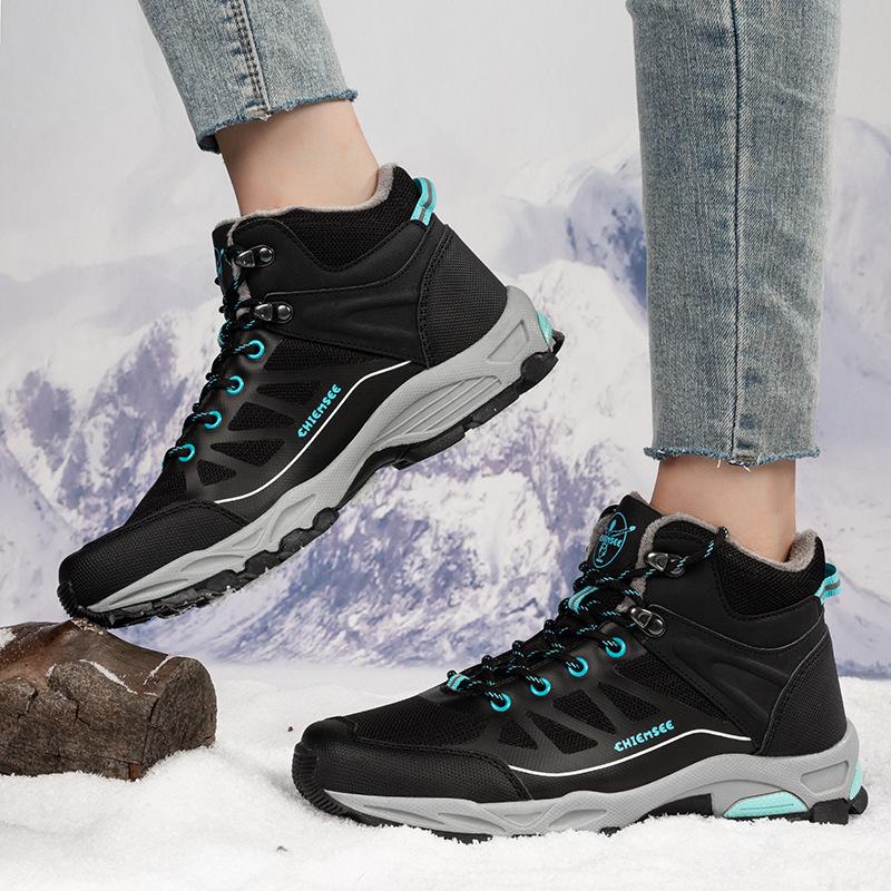 Damen Winterstiefeletten, Schneestiefel aus Samt, lässig, PU, zum Schnüren, warme Baumwollschuhe, groß, hoch, dick, rutschfest, Wanderschuh, Größe 37–42