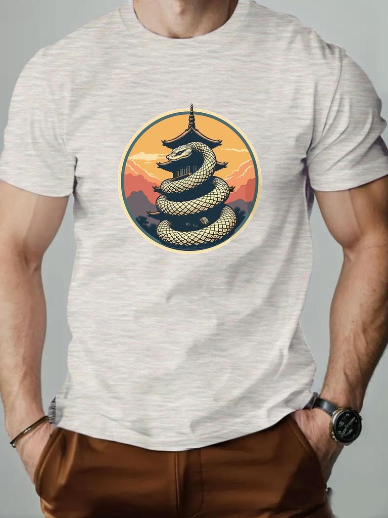 Men's T-Shirt 100% Cotton Cartoon Animal Snake Print Summer Oversized Round Neck Breathable Casual Short Sleeve Fashion T Shirt