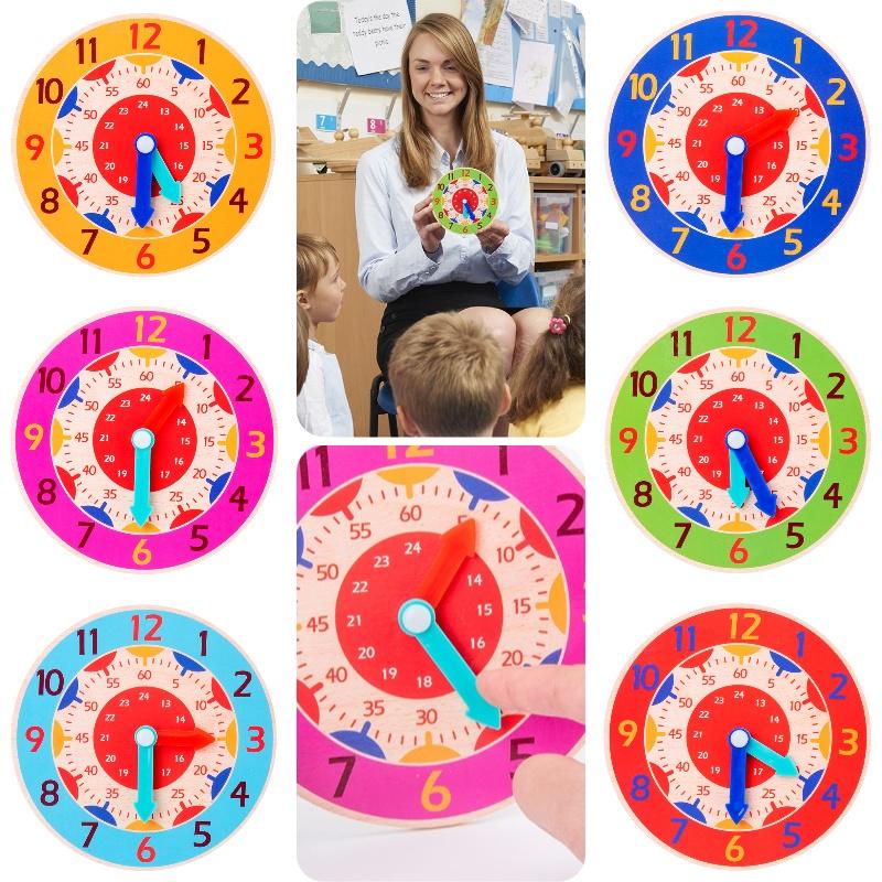Wooden Clock For Kids Learn Time And Math With Colorful Model