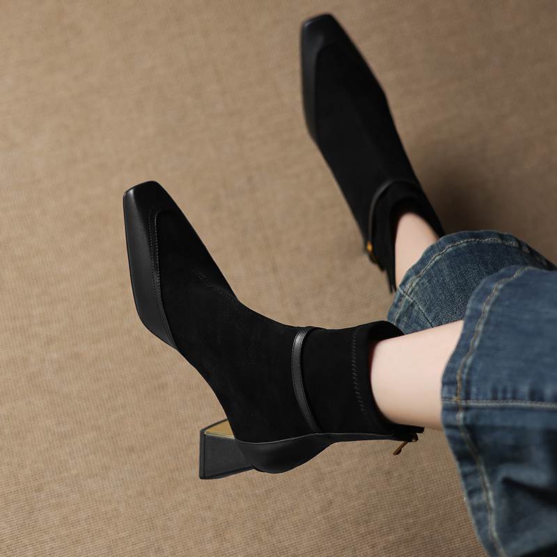 Krazing Pot Flock Cow Skin Square Toe Thick Heels Chelsea Boots Size 42 Beauty Lady Women Modern Fashion Girl Ankle Boots