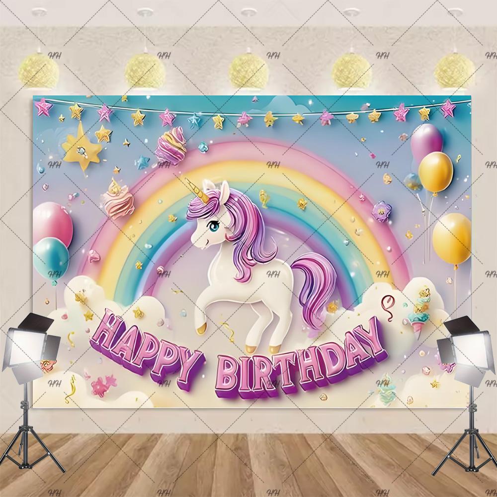 Cartoon Rainbow Unicorn Theme Princess Birthday Party Decoration Background Baby Shower Backdrop Photozone Studio Prophoot Props