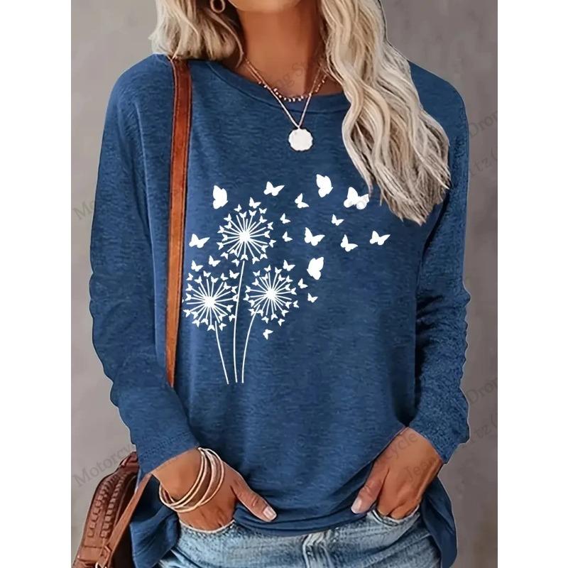 Floral Dandelion 3D Print Round Neck Long Sleeve T-shirts Fashion Casual Vintage Tops