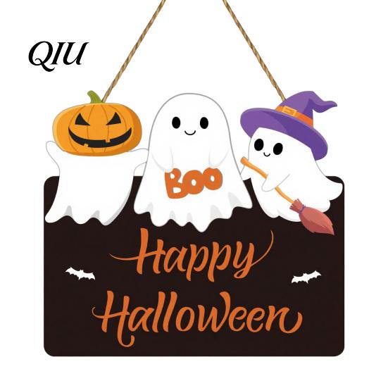 Spooky Theme Venue Decor Halloween Ghost Door Sign, Cute Ghosts Wooden Hanging Wreath, Rustic Happy Trick or Treat Sign Welcome for Home Wall