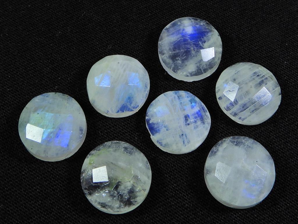 12X12 MM Regenbogenmondstein Schachbrettschliff Rund Flache Rückseite Edelstein 7 Stück Los RML-858