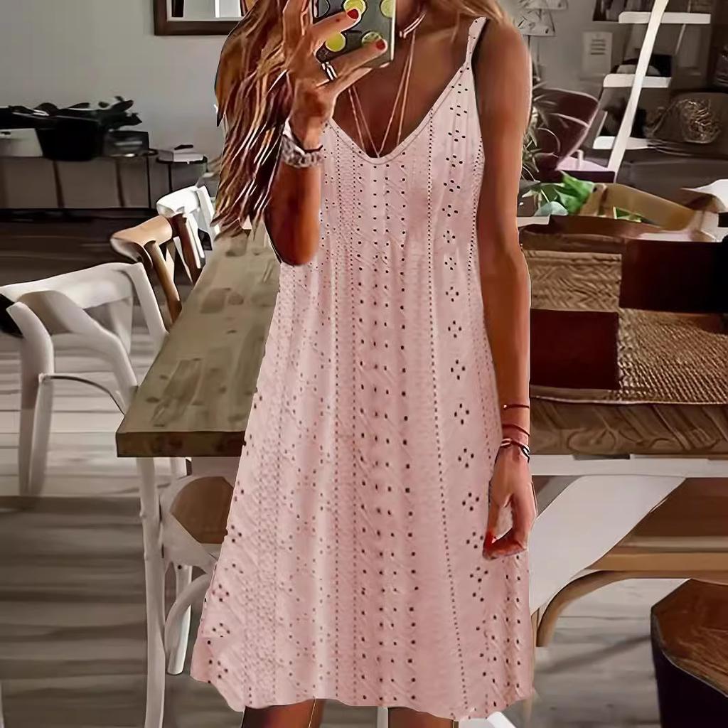 European and American women's clothing summer new hollow jacquard V-neck suspender solid color dress