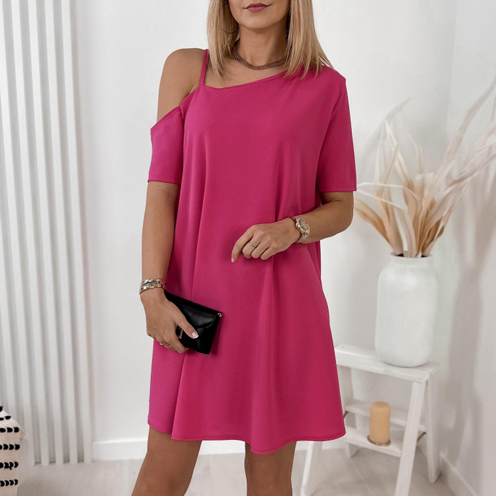 

Женское летнее стильное однотонное платье с одним плечевым ремнем XL