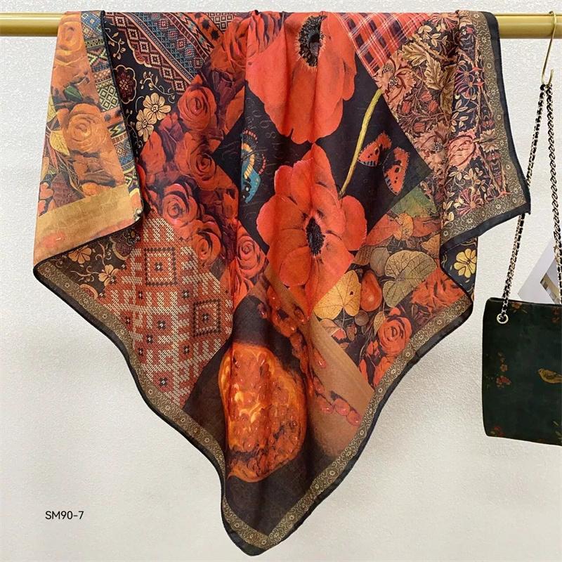 Double-Sided Faux Silk And Wool Printed Scarf For Women Spring And Autumn 90Cm Square Scarf Foulard Bandana Femmel Headscarf