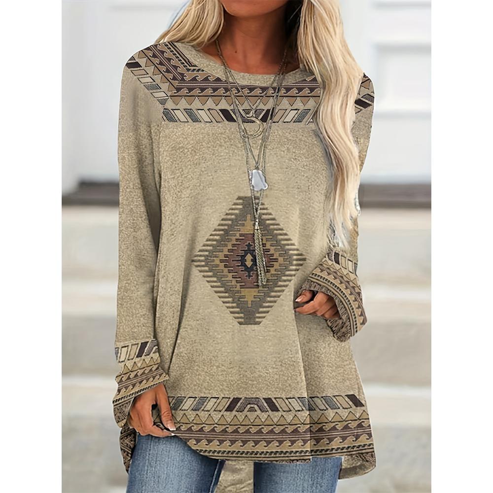 Plus Size Women's Vintage Ethnic Style Printed T-shirt Loose Long Sleeves Blouse Casual Crew Neck Tops Sweatshirt Pullover