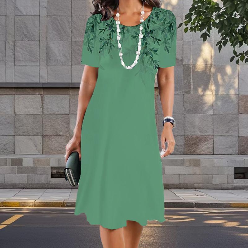 

Модное женское свободное простое платье-трапеция с принтом O-образным вырезом и коротким рукавом с принтом листьев 6XL зелёный