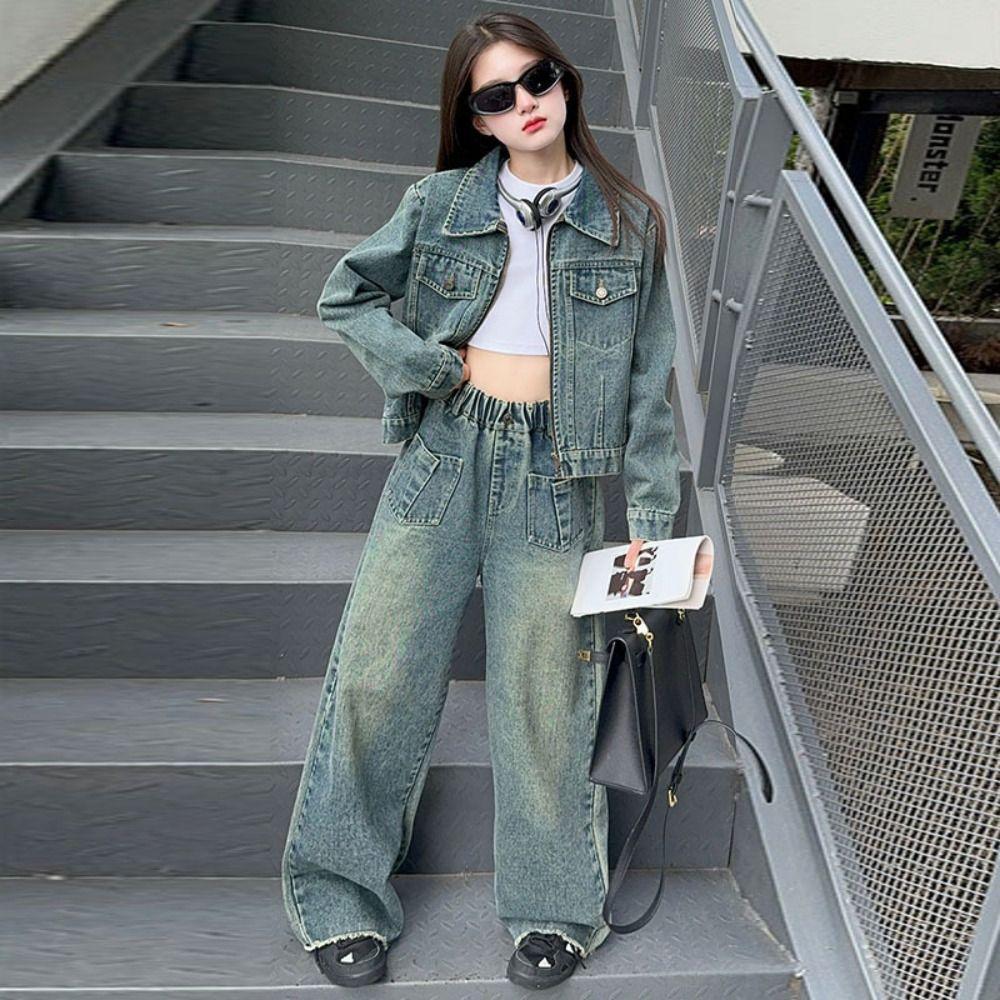Y2K Jeans Jacket Suit Wide Leg Pants Girls Clothes Set Outfits Children Cowboy Set  Students
